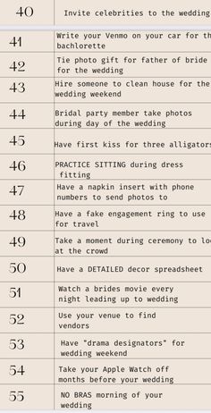 the wedding checklist is shown with numbers and date options for each guest to choose from