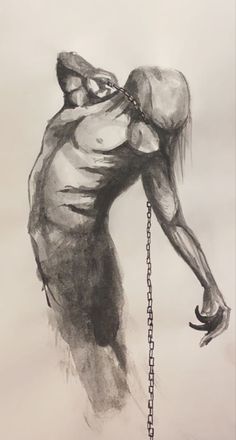 a black and white drawing of a man with chains around his neck, holding onto a chain