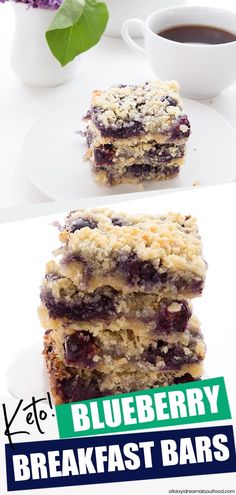 blueberry breakfast bars stacked on top of each other next to a cup of coffee