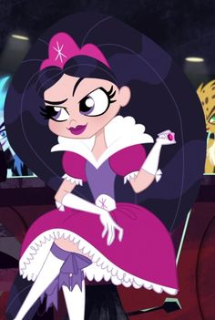 an animated image of a woman in a pink dress with black hair and big eyes