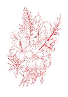 a drawing of flowers and leaves on a white background with red lines in the center