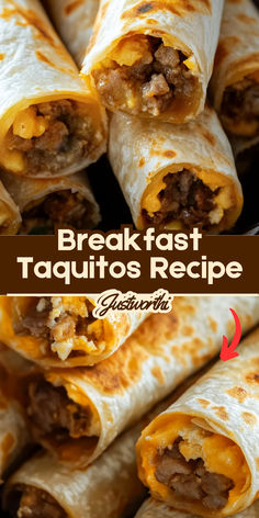 breakfast taquitass are stacked on top of each other with the words breakfast taquitass recipe below