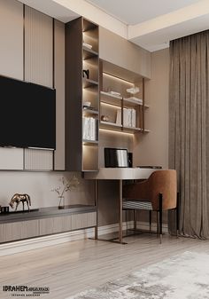 a room with a desk, chair and television on the wall next to a window