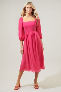 Get all dressed up in this flowy chiffon midi dress. An elegant style that features a square neckline framed by long, balloon sleeves. A flattering bodice comfortably holds everything in by a smocked back. A flowy midi skirt finishes off the look and can be paired with strappy heels.- Chiffon- Zipper- Smocked back- Lin Flowy Midi Skirt, Puff Sleeve Midi Dress, Chiffon Midi Dress, 80 Dress, Balloon Sleeves, Strappy Heels, Square Neckline, Elegant Style, Smocking