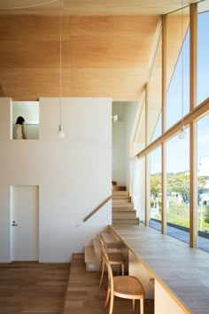 there is a woman walking up the stairs in this modern house with wood flooring and white walls