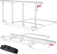 two white racks with red handles and straps