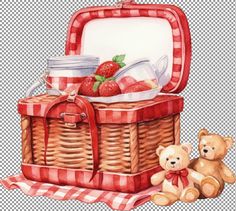 a watercolor painting of a picnic basket with strawberries and a teddy bear sitting next to it