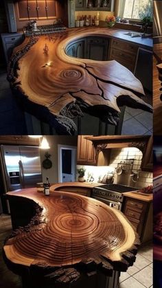 several pictures of different types of wood in the kitchen and dining room, including an island