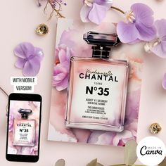 an advertisement for chanel n'35 perfume with flowers and cell phone on the table