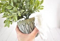 a hand holding a vase with a plant in it on top of a white table