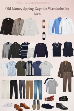 Old Money Spring Capsule Wardrobe for Men 2024 Easy Old Money Outfits Men, Stately Mens Outfits, Man Old Money Outfit, Casual Fall Mens Outfits, Guys Clothing Styles Old Money, How To Dress Old Money Men, Men’s Spring Outfit, Mens Old Money Capsule Wardrobe, Old Money Looks Men