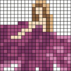 a cross stitch pattern with a woman's face in purple and white squares on it