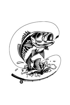 a black and white drawing of a fish jumping out of the water on a skateboard