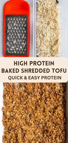 the ingredients for high protein baked shredded tofu are in plastic containers and on top of each other