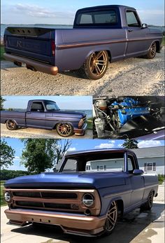 four different pictures of old trucks parked in front of each other