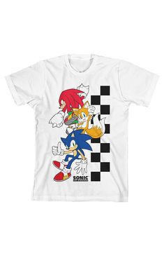 sonic and tails t - shirt with checkerboard pattern on the front, white