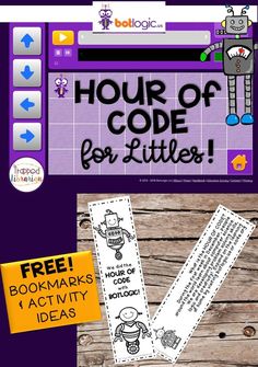 a computer screen with the words hour of code for littles and an image of a robot