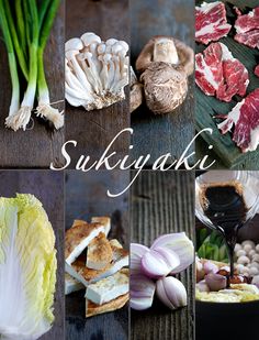 there are many different types of food on the table with words sukiyaki