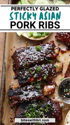 Sticky Asian Pork Ribs that will make your mouth water! Slow-baked in the oven, they're smothered in a sweet and sticky glaze giving them a melt-in-your-mouth tenderness. Serve with extra sauce for an added flavor kick! This recipe also recommends a great complementing combo of Instant Pot Basmati Rice and Spicy Cucumber Salad, perfect for soaking up the extra sauce. Expect an explosion of bold Asian flavors that pair so well with the pork, you'll be hooked. Sticky Asian Pork, Asian Pork Ribs, Sticky Asian Ribs, Asian Ribs Recipe, Pork Ribs In The Oven, Sticky Ribs Recipe, Asian Ribs, Ribs Recipe Oven, Sticky Pork Ribs