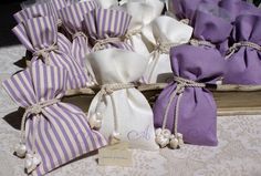 purple and white candy bags tied with twine