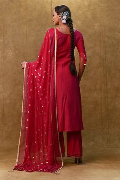 Red kurta with sequin and stone embroidery and a scalloped hem. Paired with a pant and embroidered dupatta. - Aza Fashions Red Dori Work Salwar Kameez, Red Salwar Kameez With Dori Work, Red Embellished Chanderi Dupatta, Fitted Red Palazzo Set With Mirror Work, Red Fitted Palazzo Set With Mirror Work, Elegant Red Embellished Palazzo Set, Red Embellished Unstitched Salwar Kameez, Red Embellished Chanderi Traditional Wear, Fitted Red Palazzo Set With Gota Work