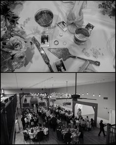 black and white photographs of people eating at tables in a restaurant or banquet hall with flowers on the table