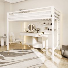 a white loft bed sitting on top of a hard wood floor next to a desk