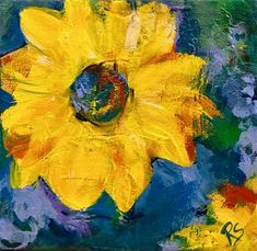 a painting of a yellow flower on a blue background