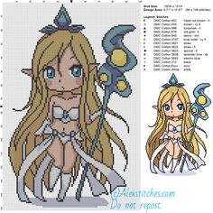 a cross stitch pattern for a girl with long blonde hair, wearing a white dress and holding