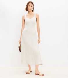 Linen Blend Seamed V-Neck Midi Dress