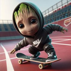 a baby groote is riding on a skateboard in the middle of a stadium