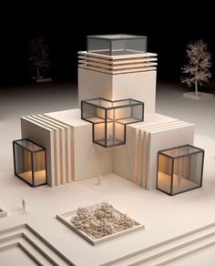 an architectural model of a building with windows and lights