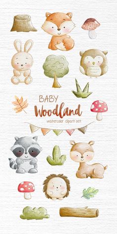 baby woodland watercolor clipart set