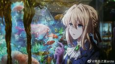 an anime character standing in front of a fish tank with corals and other marine creatures