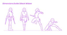 three women are standing in different poses and the text, dimensionss guide black widow