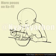 a drawing of a baby eating from a bowl with chopsticks