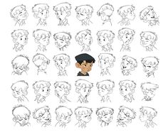 an animation character's head with various expressions and hair styles, including the face