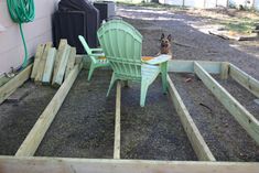 a dog is sitting in the back yard next to a lawn chair and other items