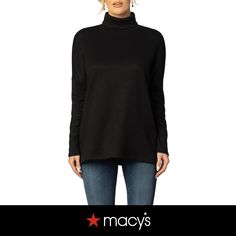 in stock Sleek Black Top For Winter, Sleek Black Winter Top, Classic Black Funnel Neck Top, Easy Tunic, Turtleneck Tunic Sweater, Noir Color, Turtleneck Tunic, Heavy Knit, Tunic Length