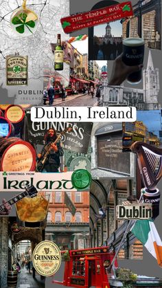 the collage shows different types of buildings and streets in dublin, ireland - stock photo