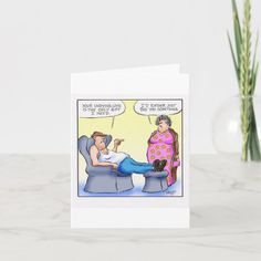 a card with an image of a woman sitting in a chair talking to a man