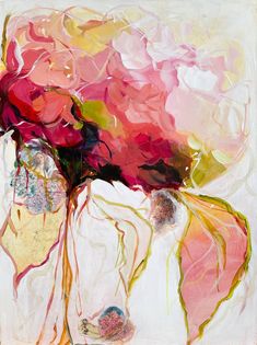 an abstract painting with pink and yellow flowers