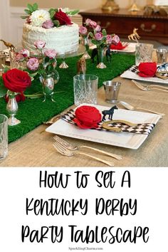 a table set for a kentucky derby party with flowers and greenery on the table