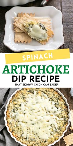 spinach artichoke dip recipe in a white dish with crackers on the side