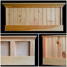 four different views of the front and back of a wooden cabinet