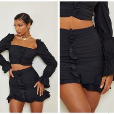 Brand New. Stretchy Material Black Ruched Skirt For Date Night, Flirty Black Mini Skirt For Day Out, Fitted Black Bottoms For Brunch, Fitted Black Skirt For Brunch, Ruched Mini Skirt, Y2k Mini Skirt, Crop Top Skirt Set, Tiered Mini Skirt, Crop Top Set