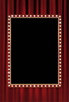 a red curtain with light bulbs on it and a black square frame in the middle