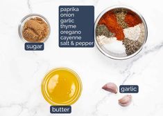 ingredients to make homemade garlic bread laid out on a white marble counter top with text describing the ingredients