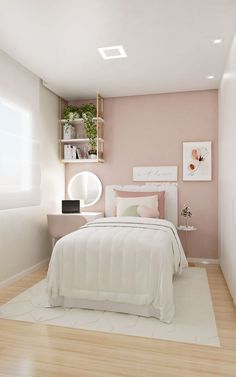 a bedroom with pink walls and white furniture