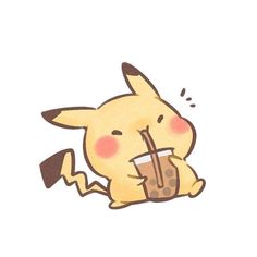 a drawing of a pikachu with a drink in it's hand and its eyes closed